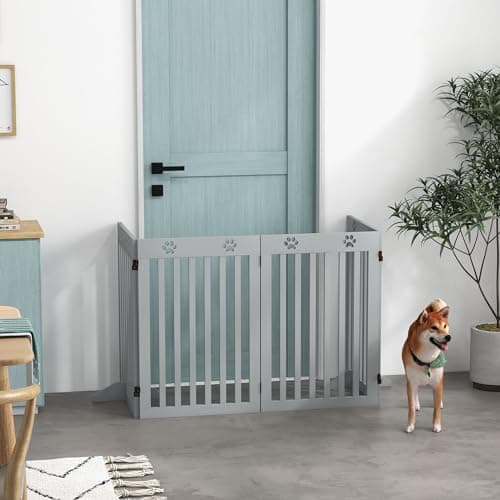 שער בטיחות לכלב — PawHut Freestanding Pet Gate 4 Panel Dog Barrier Folding Safety Fence with Suppo