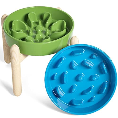 קערת האכלה לכלב — LE TAUCI Ceramic Slow Feeder Raised Dog Bowls with Wooden Stand, Puzzle Feeder, 