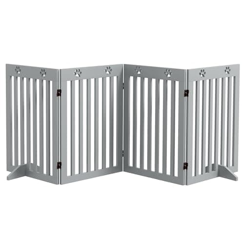 שער בטיחות לכלב — PawHut Freestanding Pet Gate 4 Panel Dog Barrier Folding Safety Fence with Suppo
