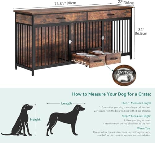 כלוב לכלב — DWVO Double Dog Crate TV Stand with Dog Feeder, 74.8" Wooden Large Dog Kennel wi