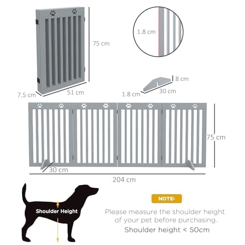 שער בטיחות לכלב — PawHut Freestanding Pet Gate 4 Panel Dog Barrier Folding Safety Fence with Suppo