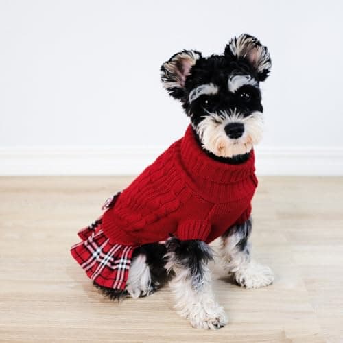 בגדים לכלב — Tangpan Classic Cable Turtleneck Dog Sweater with Bow-Knot Pet Plaid Skirt Warm 