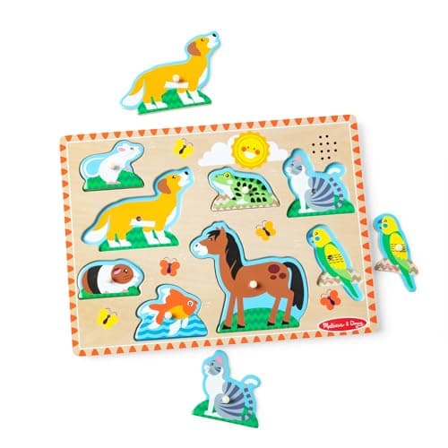 צעצוע חשיבה לכלב — Melissa & Doug Zoo Pet Animals Sound Puzzle – 8-Piece Wooden Peg Puzzle with Lig