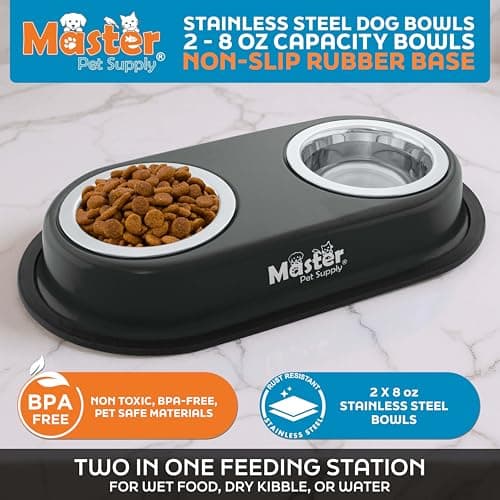 קערת האכלה לכלב — Master Pet Supply Double Dog Bowls Set with Elevated Base and 2 (8 oz) Stainless