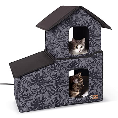 מלונה לכלב — K&H Pet Products Two-Story Outdoor Kitty House with Dining Room Heated Gray Leaf