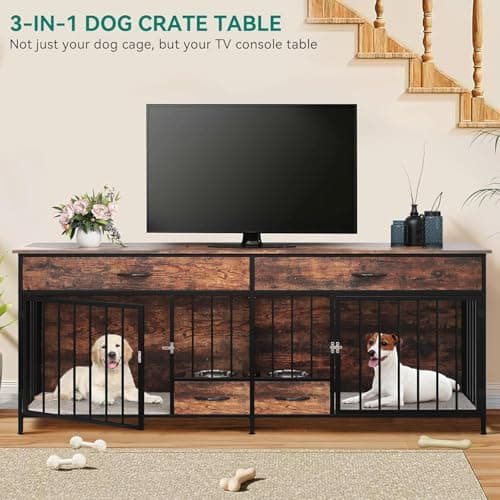 כלוב לכלב — DWVO Double Dog Crate TV Stand with Dog Feeder, 74.8" Wooden Large Dog Kennel wi