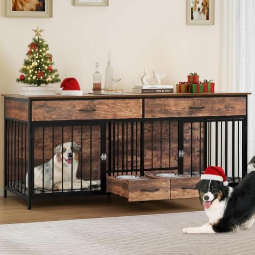 כלוב לכלב — DWVO Double Dog Crate TV Stand with Dog Feeder, 74.8" Wooden Large Dog Kennel wi