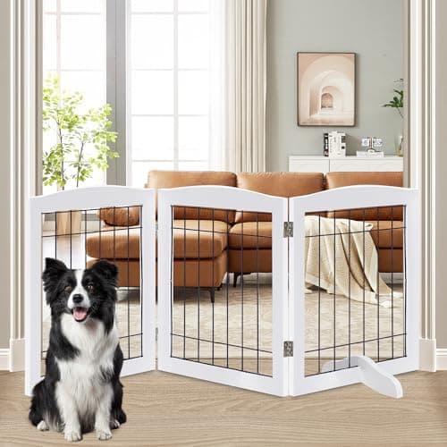 שער בטיחות לכלב — LZRS 3-Panel Freestanding Adjustable Wooden Dog Gate—30" Tall Foldable Pet Barri