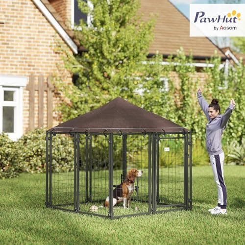 מלונה לכלב — PawHut 4.6' x 4.6' x 5' Outdoor Dog Kennel, Welded Wire Dog Kennel Outside Run w