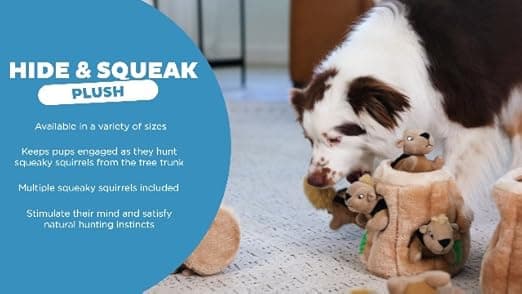צעצוע חשיבה לכלב — Outward Hound Hide-A-Squirrel Dog Toy – Interactive 2‑in‑1 Plush Puzzle with 3 S