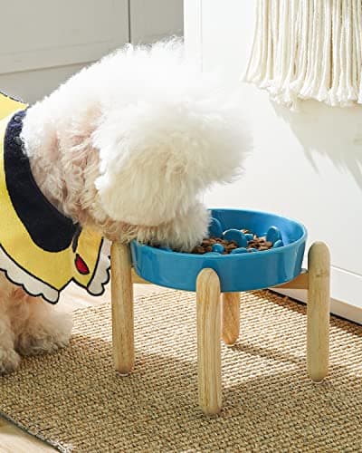 קערת האכלה לכלב — LE TAUCI Ceramic Slow Feeder Raised Dog Bowls with Wooden Stand, Puzzle Feeder, 