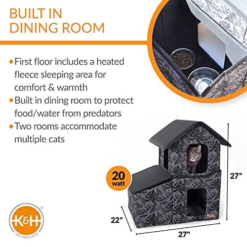 מלונה לכלב — K&H Pet Products Two-Story Outdoor Kitty House with Dining Room Heated Gray Leaf