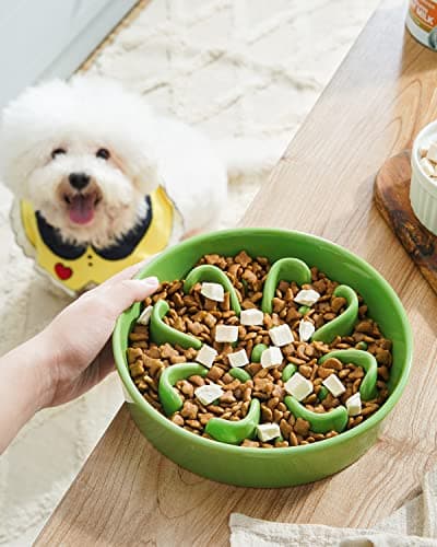 קערת האכלה לכלב — LE TAUCI Ceramic Slow Feeder Raised Dog Bowls with Wooden Stand, Puzzle Feeder, 