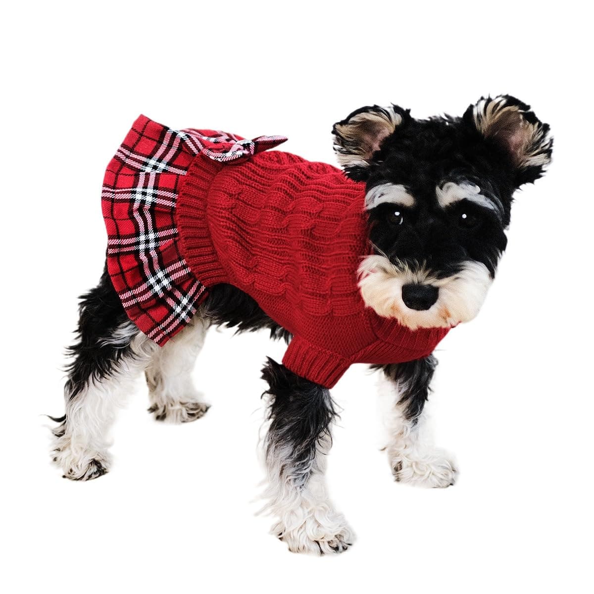 בגדים לכלב — Tangpan Classic Cable Turtleneck Dog Sweater with Bow-Knot Pet Plaid Skirt Warm 