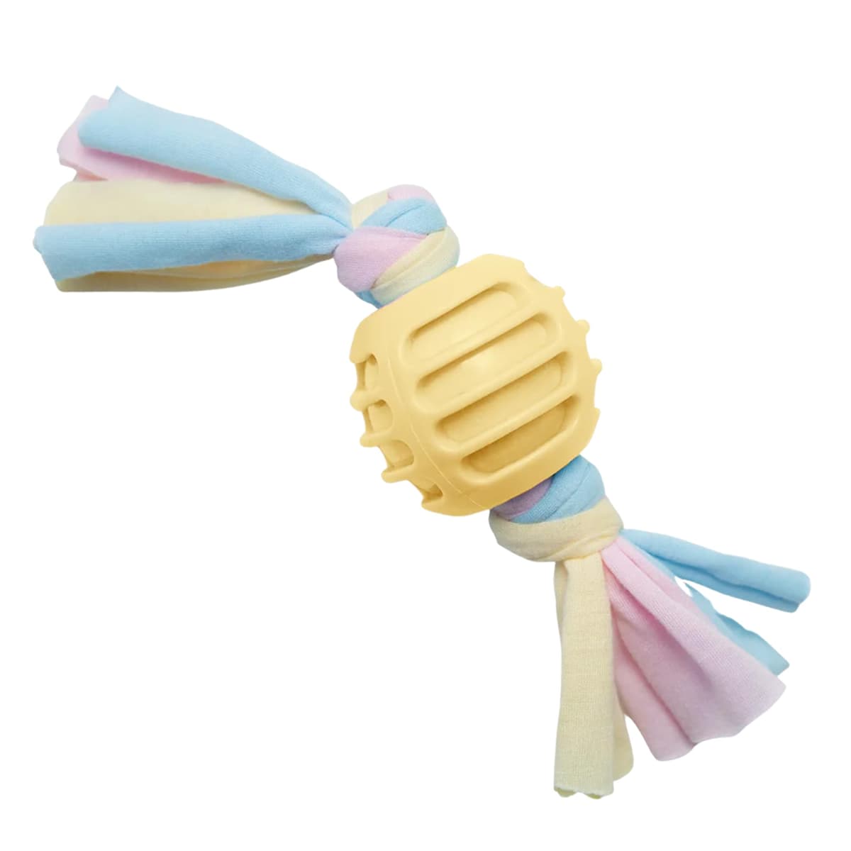 צעצוע חבל/כדור לכלב — Snugarooz Snuggle Ball Yellow Dog Toy – TPR with Braided Cotton Rope – Aids Dent