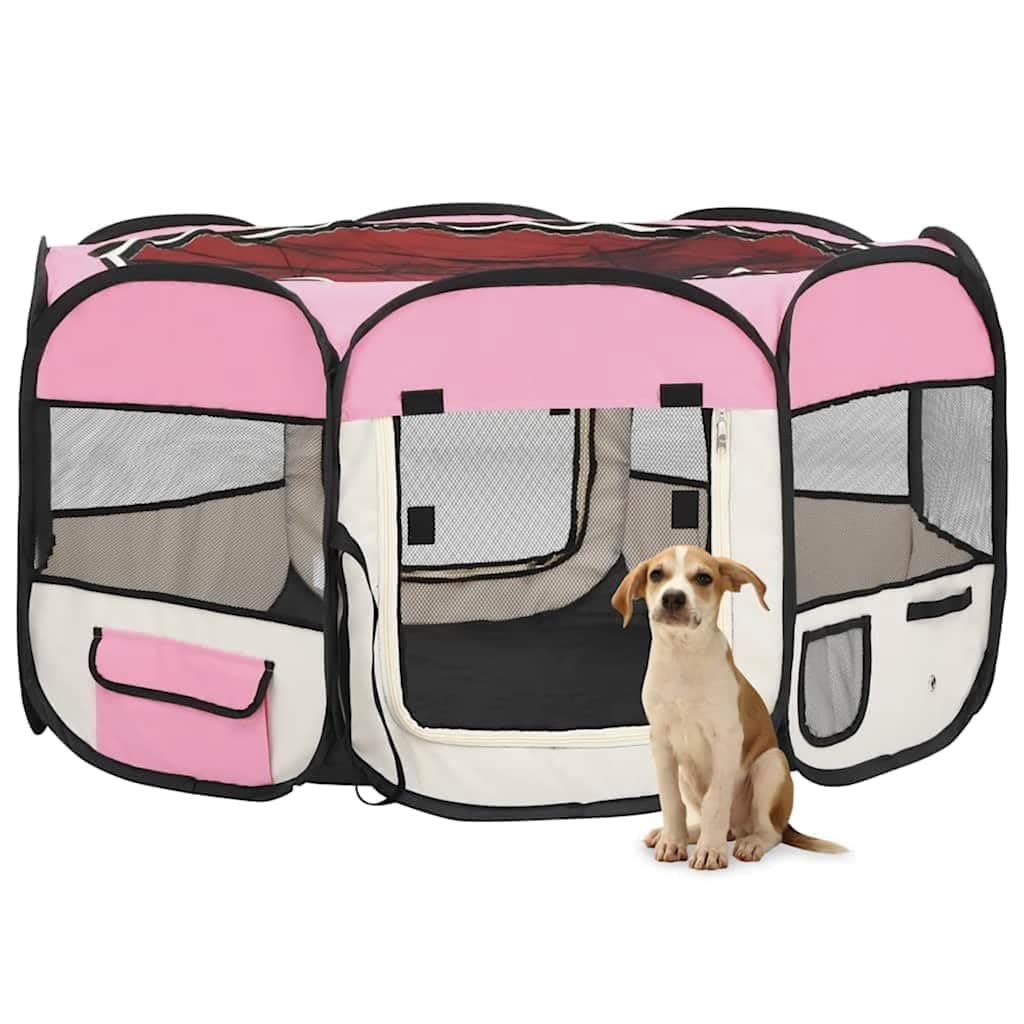 מלונה לכלב — vidaXL Dog Playpen Pink and Cream Polyester 49.2 in x 49.2 in x 24.0 in