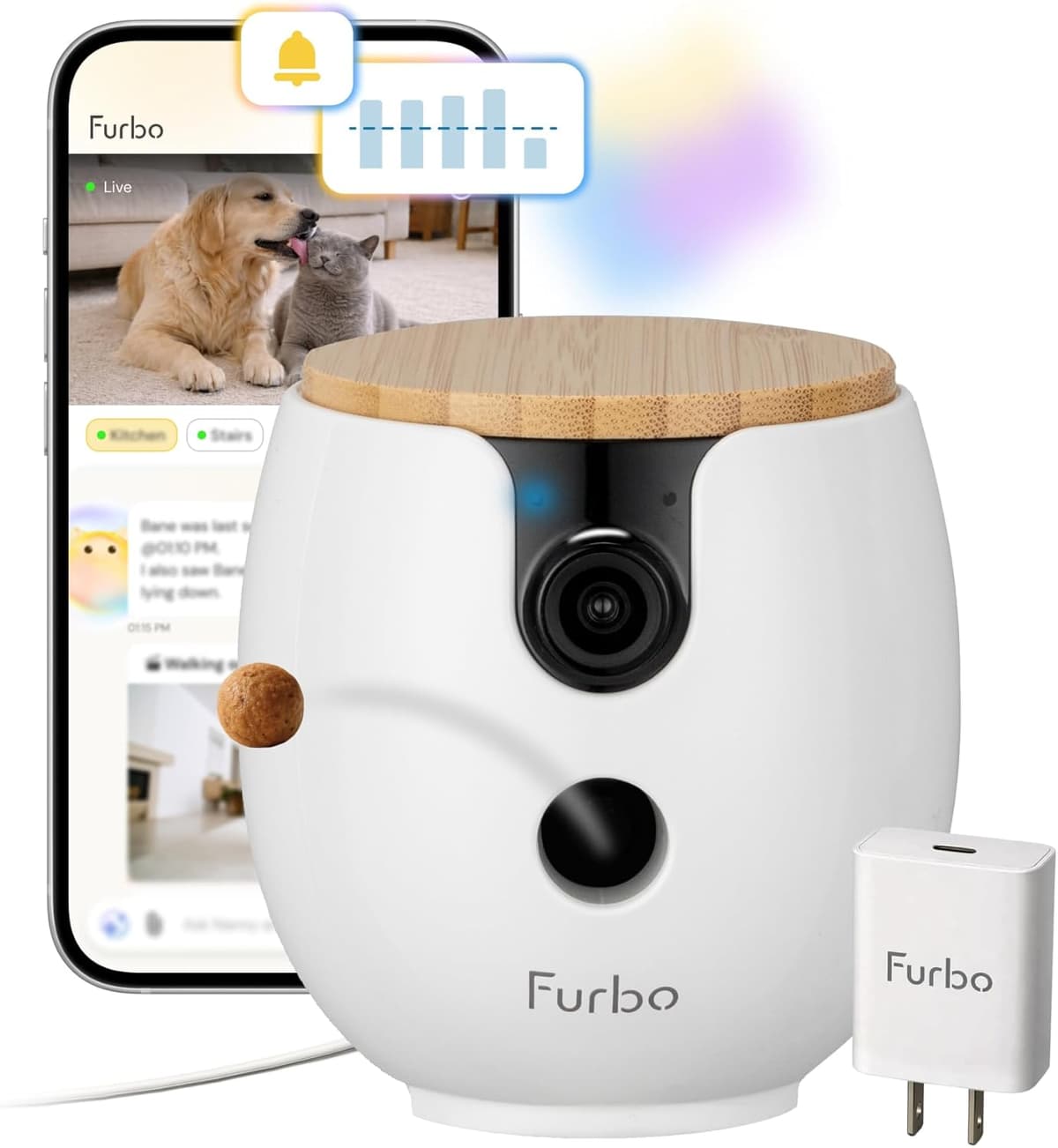 מצלמת מעקב לכלב — Furbo Mini 360° 2K QHD Pet Camera + Power Adapter - Unlock w/Paid Plan: Dog &amp