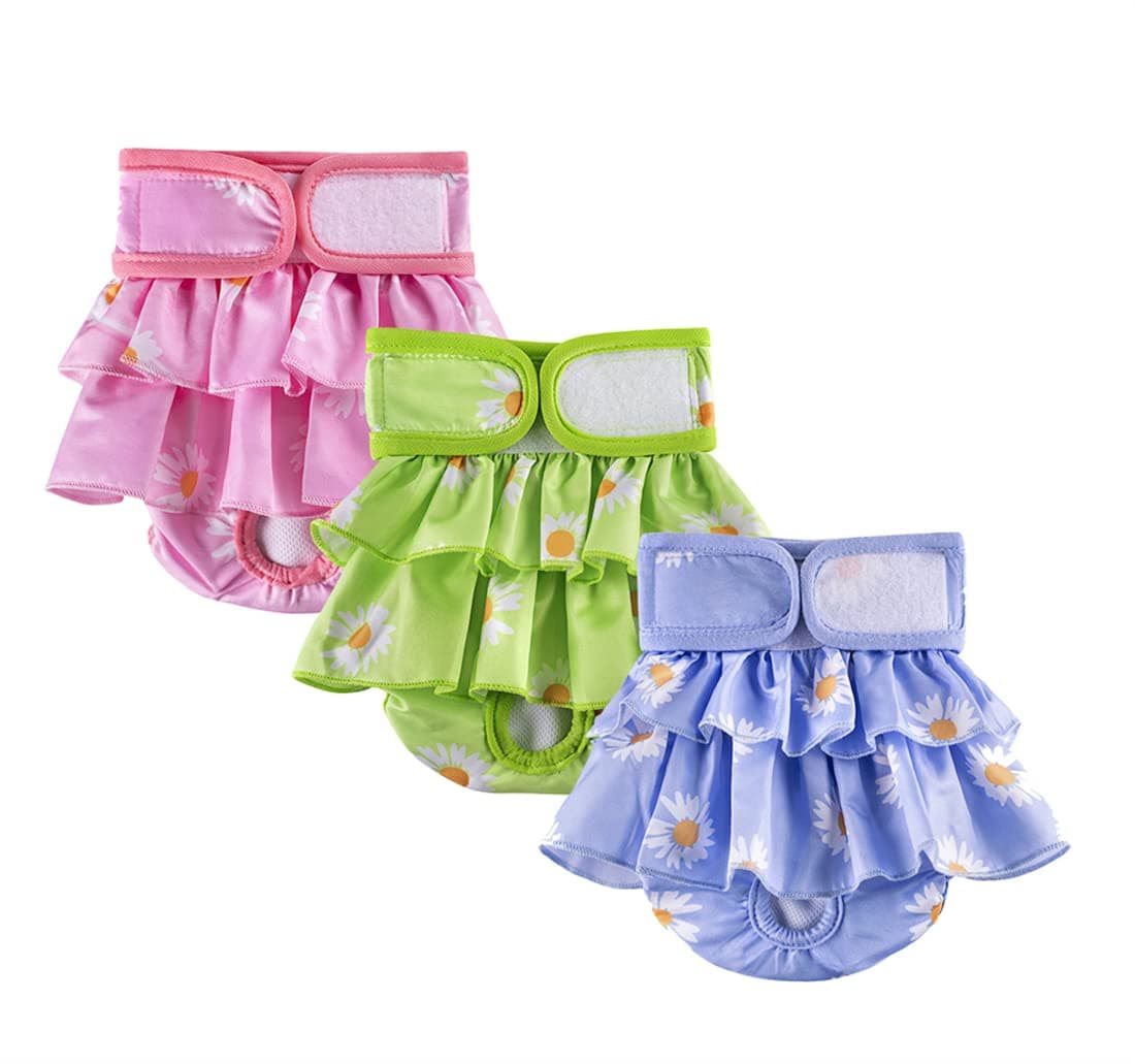 חיתול לכלב — Dog Diapers for Female Dogs 3 Pack Washable Dog Panties Diaper Skirt Flower Prin