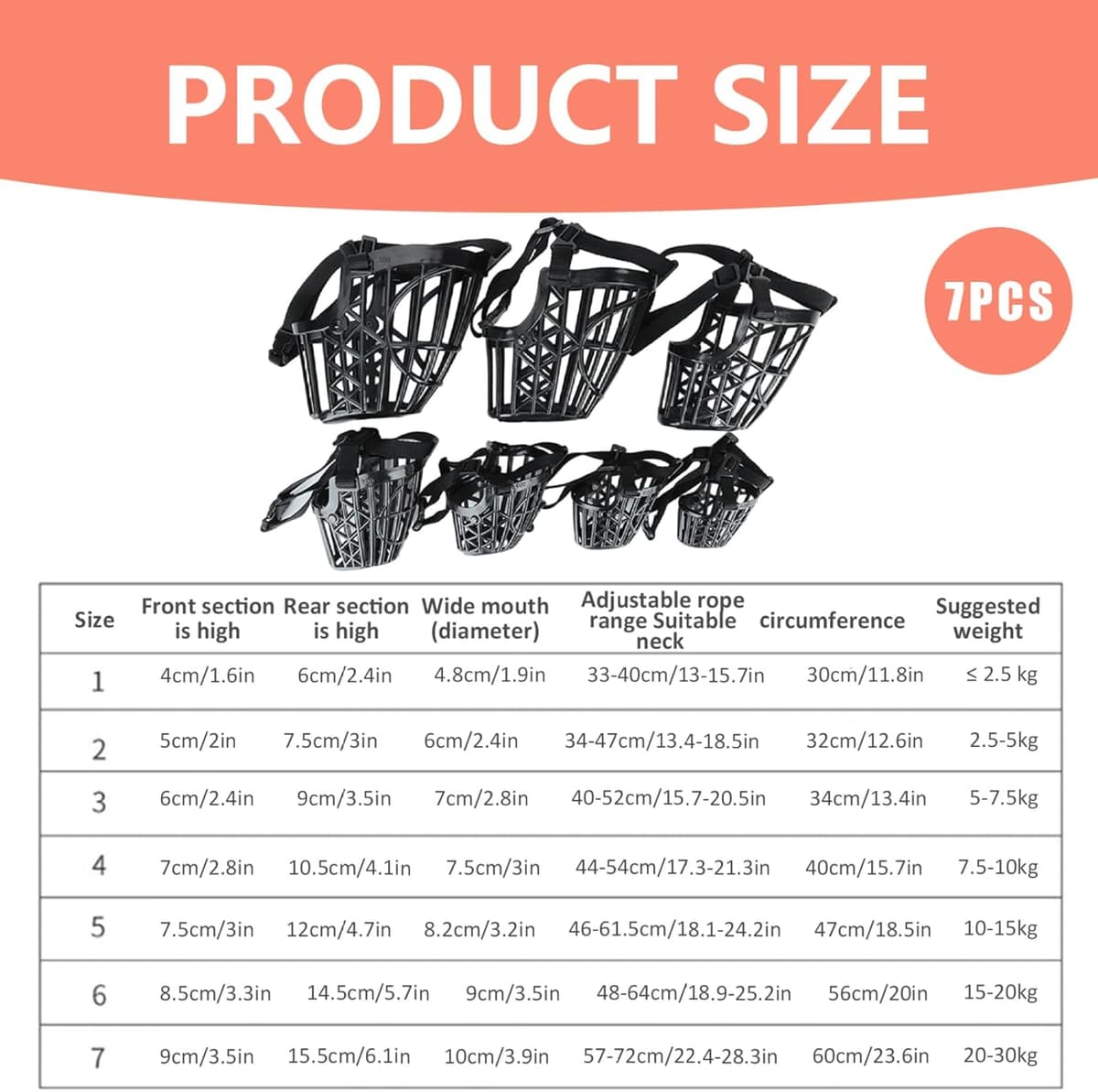 מחסום פה לכלב — 7Pcs Dog Muzzles Anti Biting Adjustable Plastic Breathable Basket Muzzle Differe