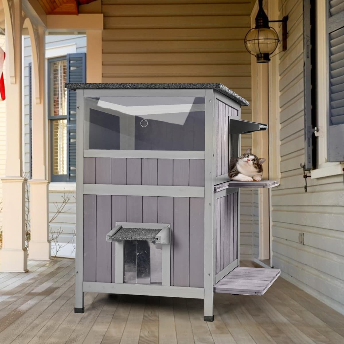 מלונה לכלב — Aivituvin Outdoor Feral Cat House 2-Story Cat Cottage Kitten Shelter with Window