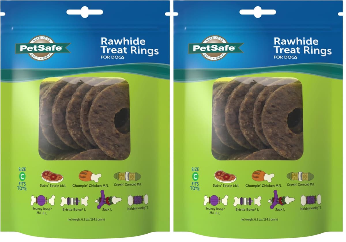 צעצוע חשיבה לכלב — PetSafe Busy Buddy Natural Rawhide Rings - Long-Lasting Dog Chew Refills - Engag