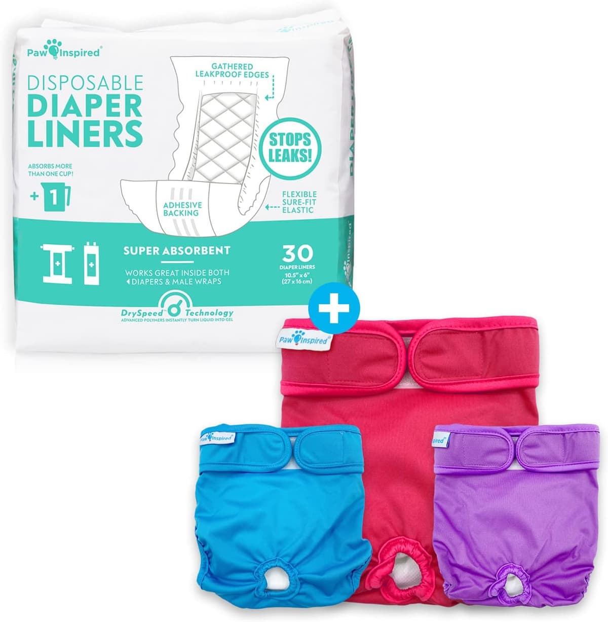 פדים/חיתולים לכלב — Paw Inspired Reusable, Washable Female Dog Diapers (Small, 3 Count) with Disposa