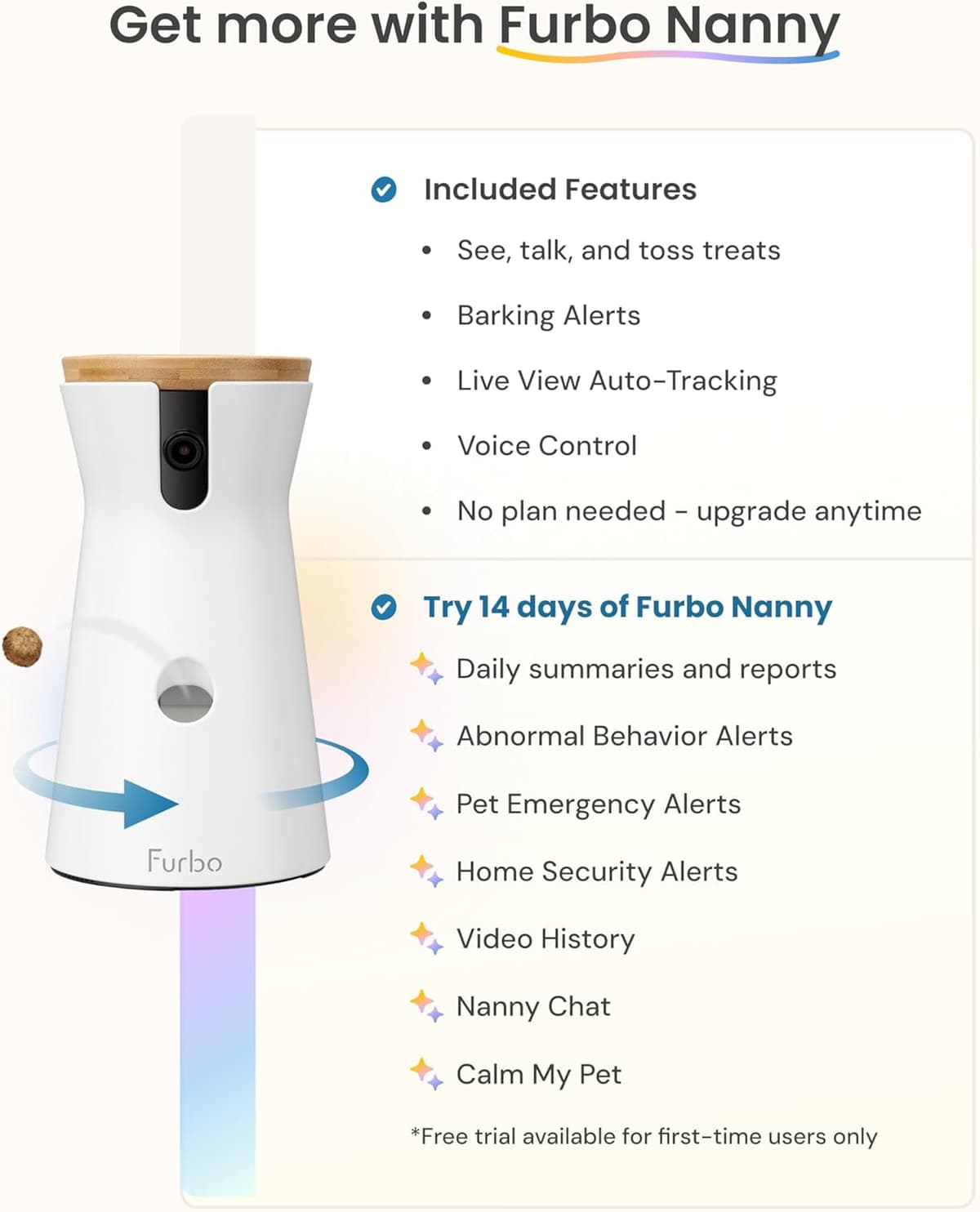 מצלמת מעקב לכלב — Furbo 360° Dog Camera: Pet Security Cam w/Barking Alerts, Rotating View, Treat T