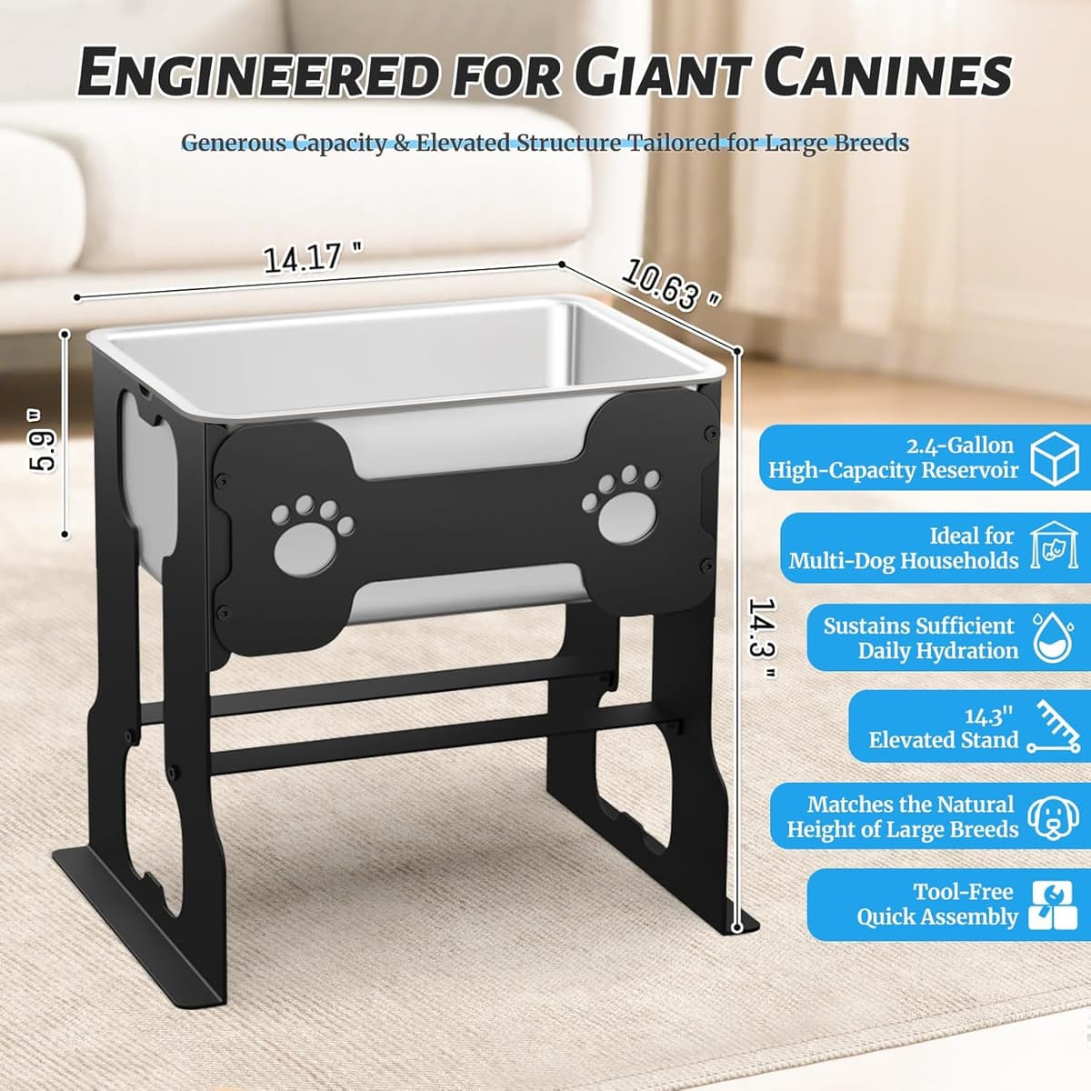 קערת האכלה לכלב — 2.4 Gallon Elevated Large Dog Water Bowl with Full Metal Stand, 14.2" Raised