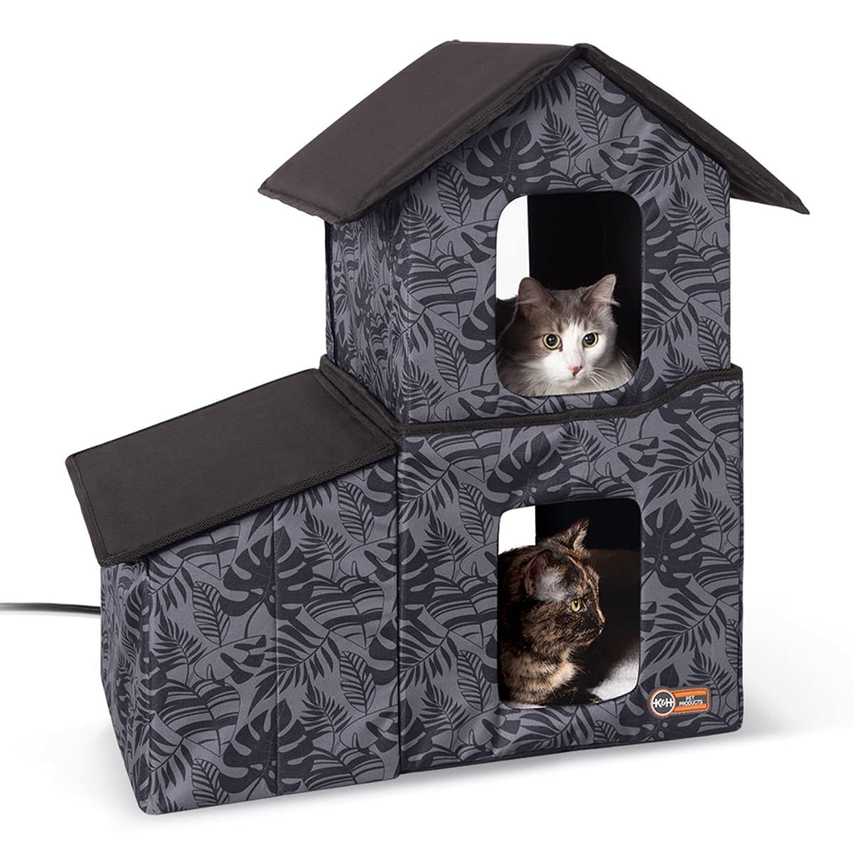 מלונה לכלב — K&H Pet Products Two-Story Outdoor Kitty House with Dining Room Heated Gray Leaf