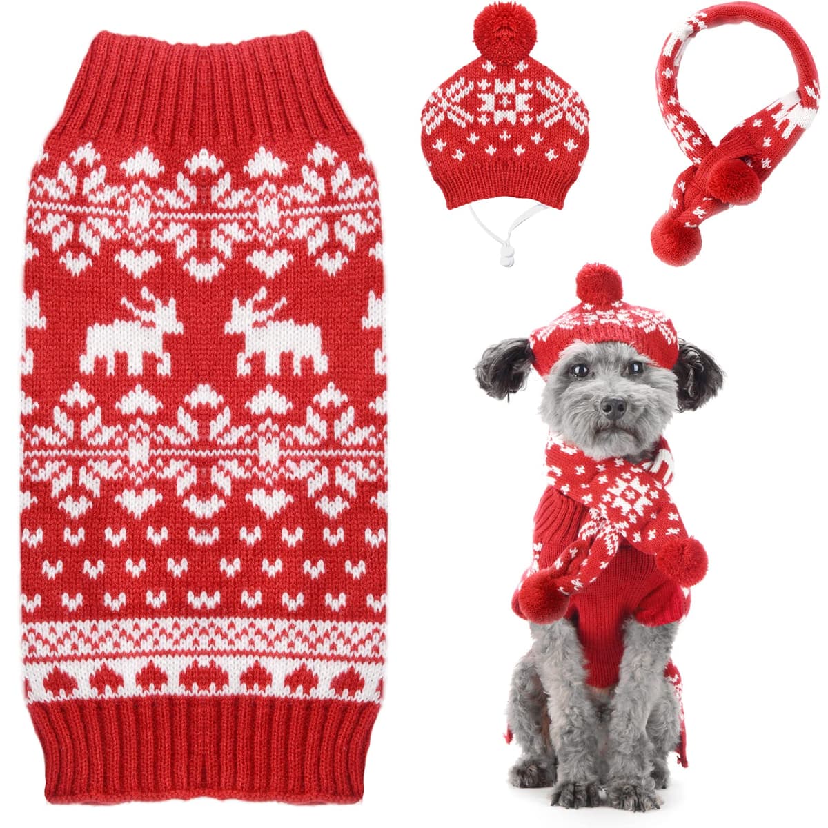 בגדים לכלב — PETCARE 3 Pack Small Dog Christmas Sweater Xmas Costume Set Cute Red Reindeer Sn