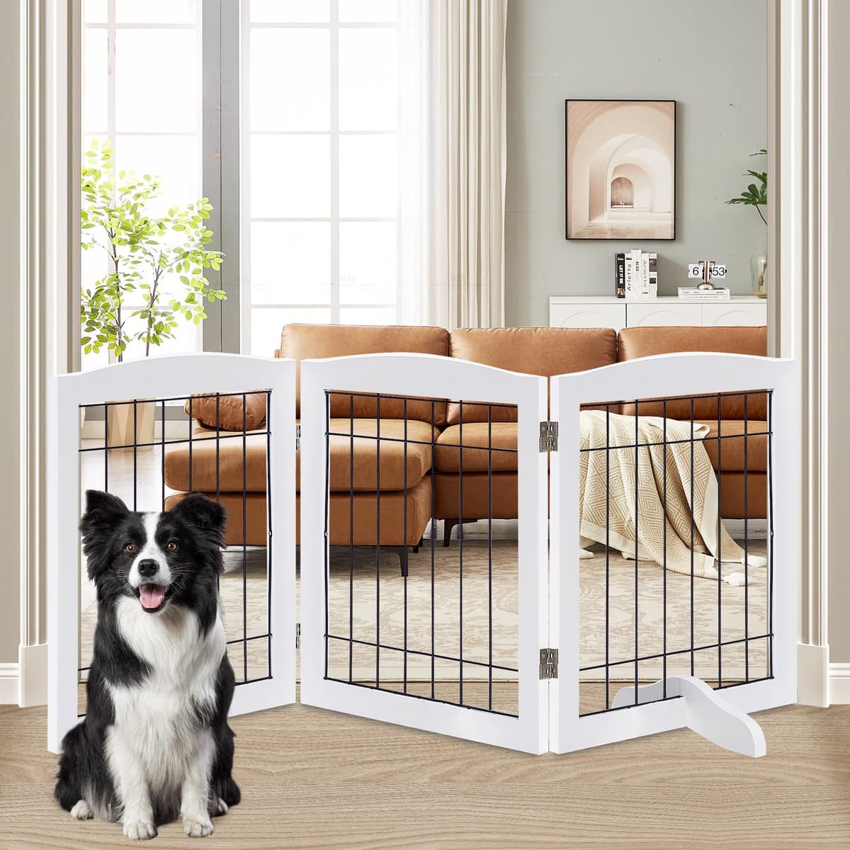 שער בטיחות לכלב — LZRS 3-Panel Freestanding Adjustable Wooden Dog Gate—30" Tall Foldable Pet Barri