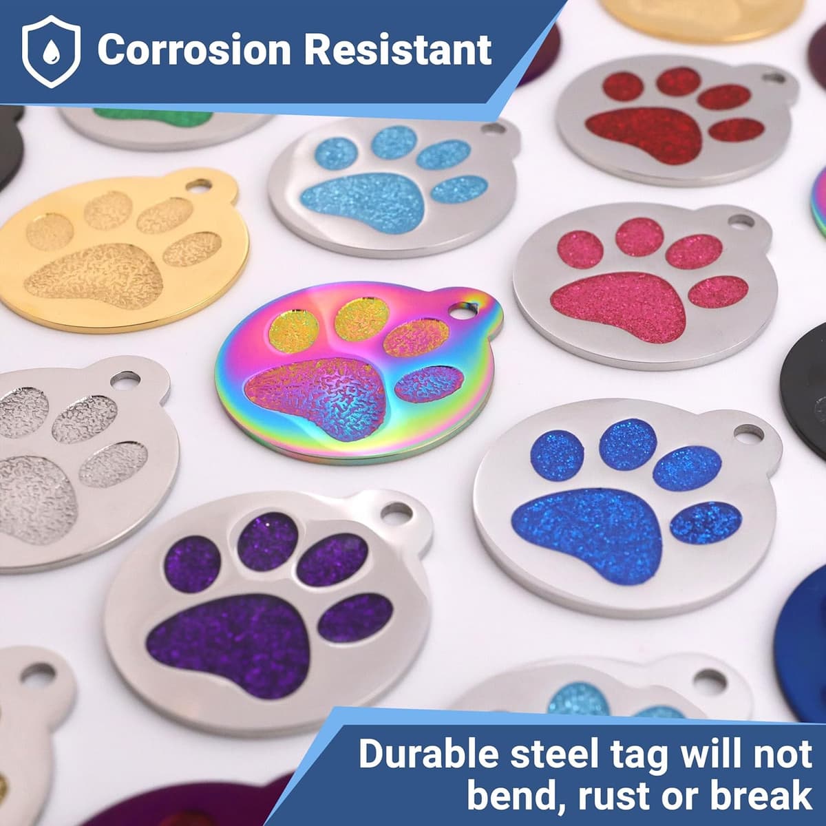 תג שם/זיהוי לכלב — GoTags Paw Print Round Stainless Steel Pet Tag for Dogs and 