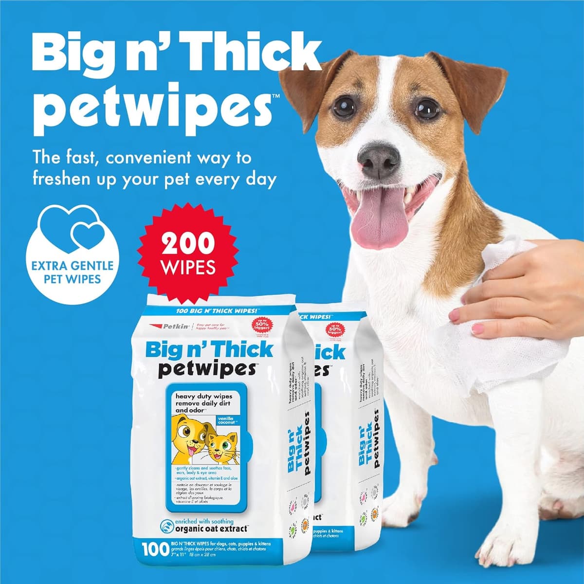 ניקיון לבית עם כלב — Petkin Large Pet Wipes for Dogs and Cats, 200 Count, Organic Oat Extract, Moiste