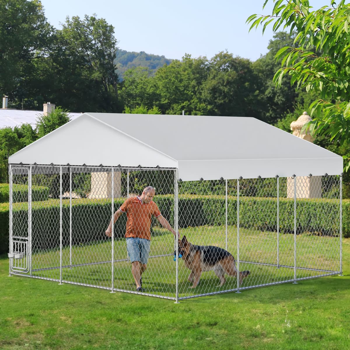 מלונה לכלב — YITAHOME 14.8'x14.8' Large Outdoor Dog Kennel with Rotating Feeder Bowls, Outdoo