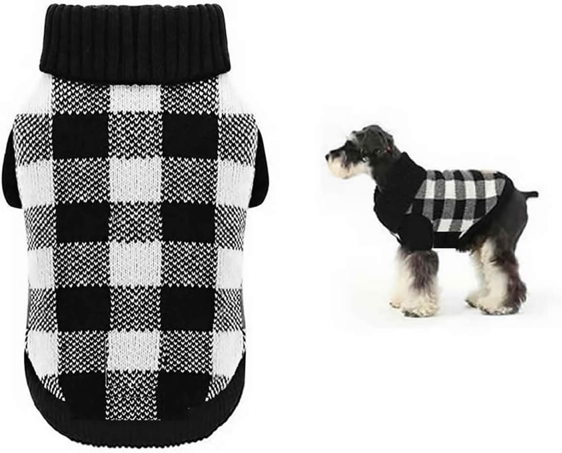 ביגוד לכלב — White Black Plaid Christmas Dog Sweater, Holiday Turtleneck