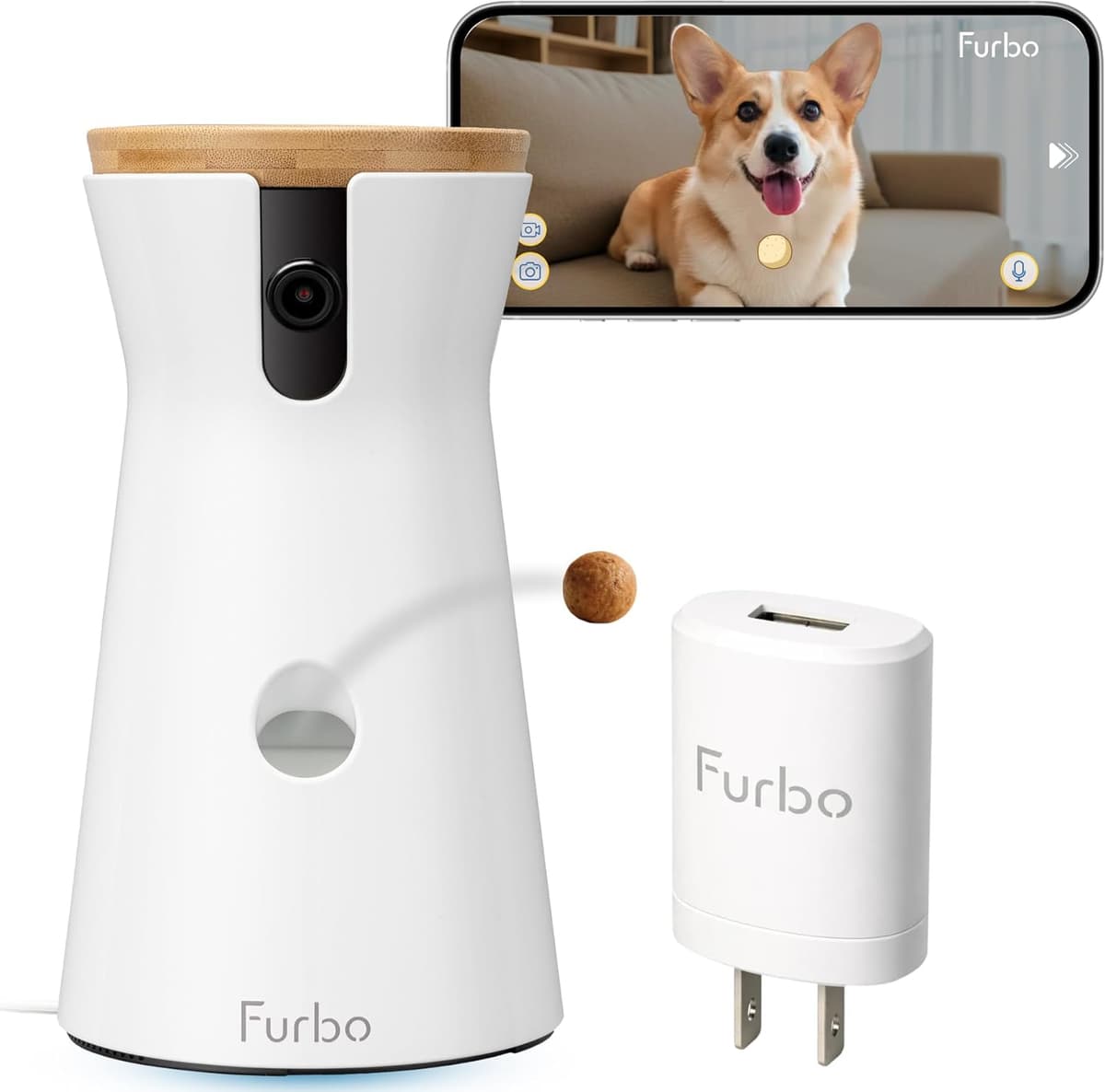 מצלמת מעקב לכלב — Furbo 360° Dog Camera + Power Adapter: Pet Cam w/Barking Alerts, Rotating View,