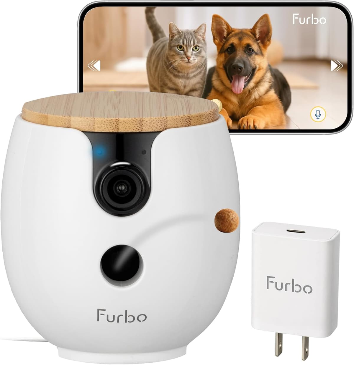 מצלמת מעקב לכלב — Furbo Mini 360° 2K QHD Pet Camera + Power Adapter: Dog & Cat Rotating Treat