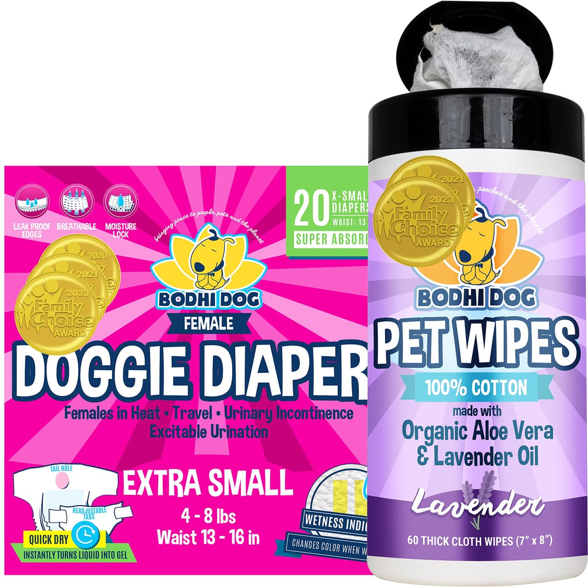 חיתול לכלב — Bodhi Dog Doggie Diapers Extra Small + Lavender Pet Wipes Bundle